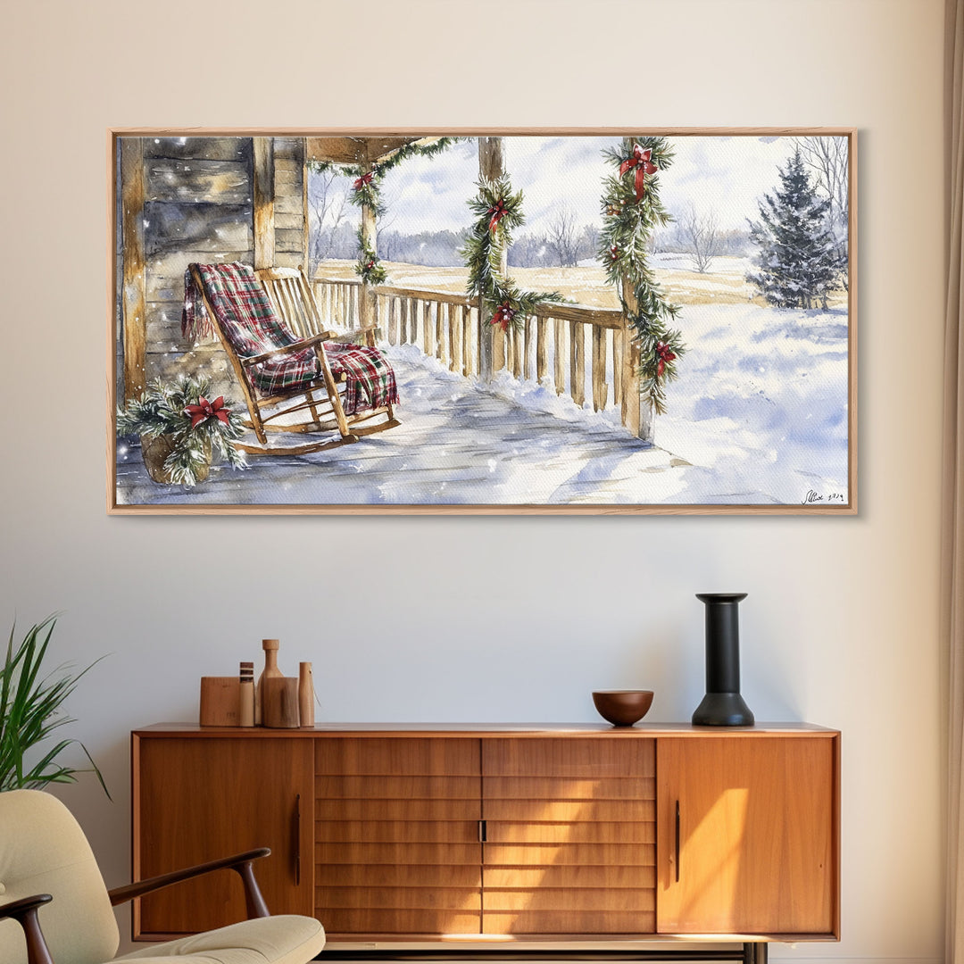 Snowy porch scene with wreaths and holiday greenery, framed canvas print, cozy winter Christmas decor perfect holiday wall display