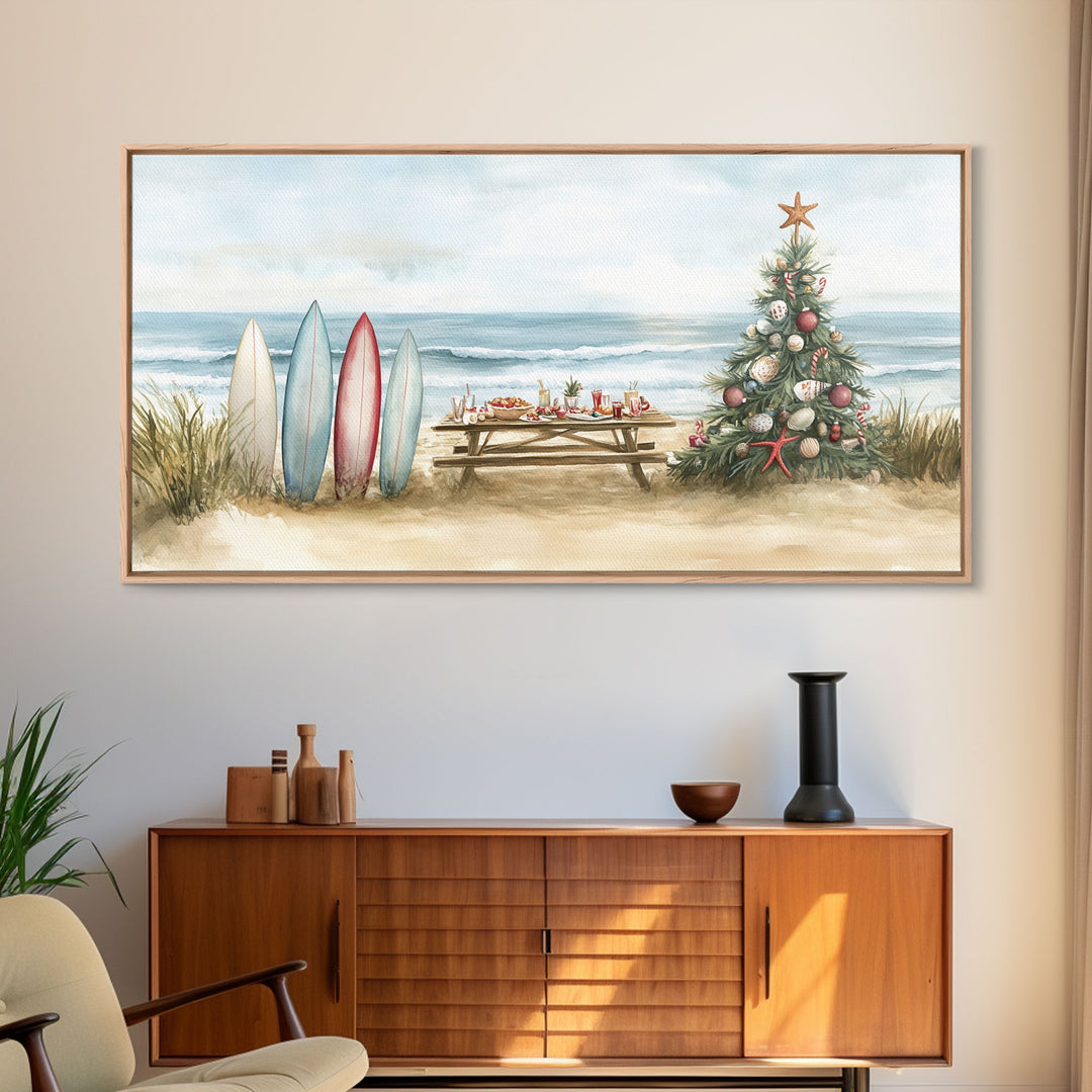 Surfboards and decorated tree on the beach, framed canvas print perfect coastal Christmas vacation decor holiday wall art