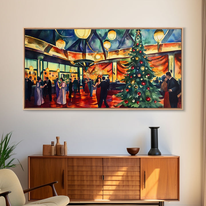 Elegant ballroom Christmas tree with dancing couples, framed canvas print vibrant holiday party decor perfect seasonal wall art