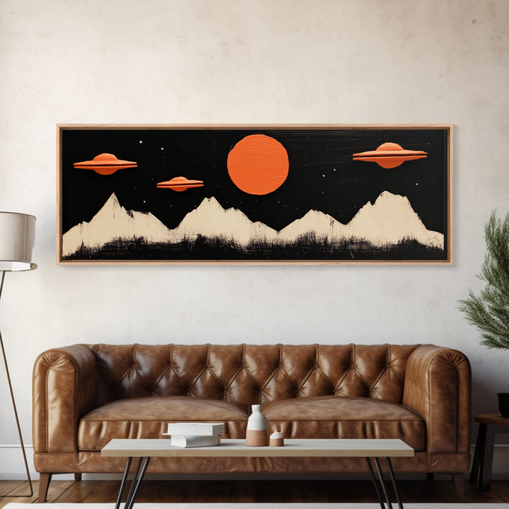 Cute  Nursery Decor - Boy's Room Wall Art - Panoramic Flying Saucers or UFOs Art Print - Framed Canvas
