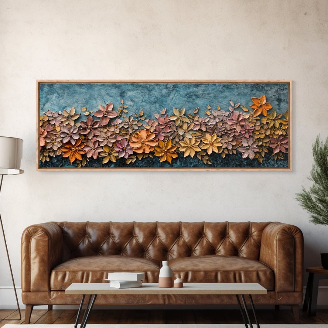 Abstract Wildflower Field Oil Painting Print | Nature Framed Large Gallery Art Ready To Hang, Panoramic Extra Wide Wall Art