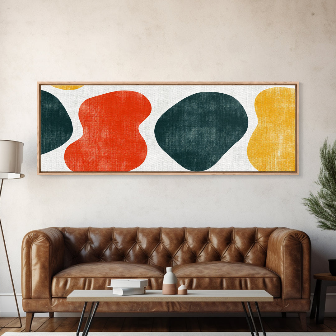 Navy Blue and Orange Splotches, Framed Canvas, Mid-Century Modern Abstract Wall Art, Wood Frame, Ready To Hang