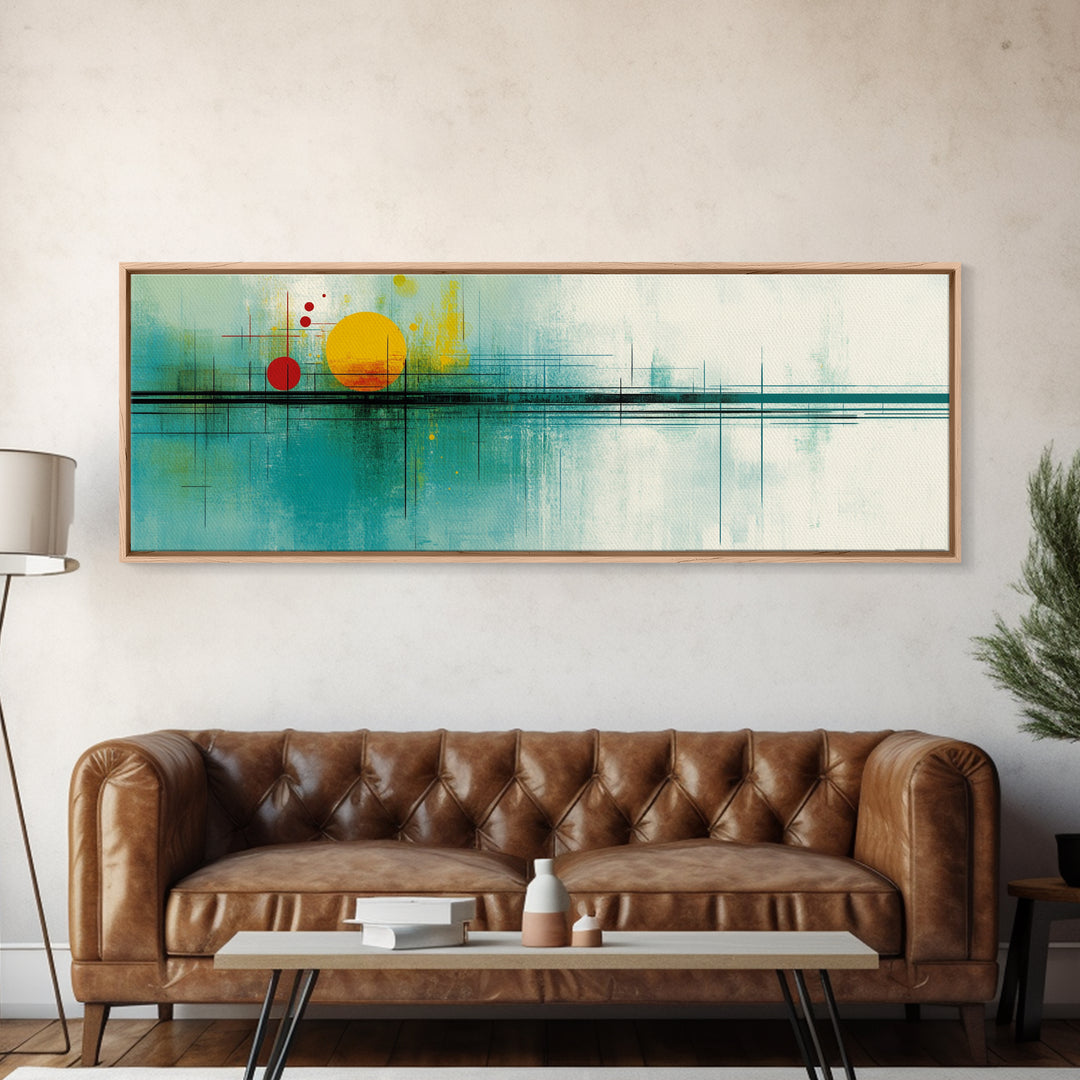 Abstract Sunset Painting Print, Panoramic Wall Art, MCM / Mid Century Modern Wall Art, Turquoise and Orange Sunset Painting, Cubism Sunset Art