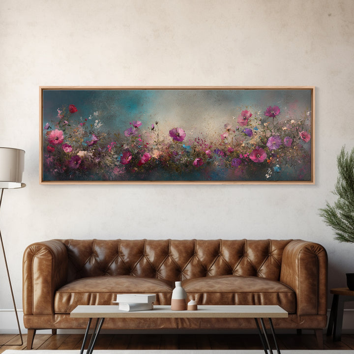 Abstract Pink Flower Painting Print, Wood Framed Wall Art, Flowers Wall Art, Vintage Landscape Wildflowers Painting
