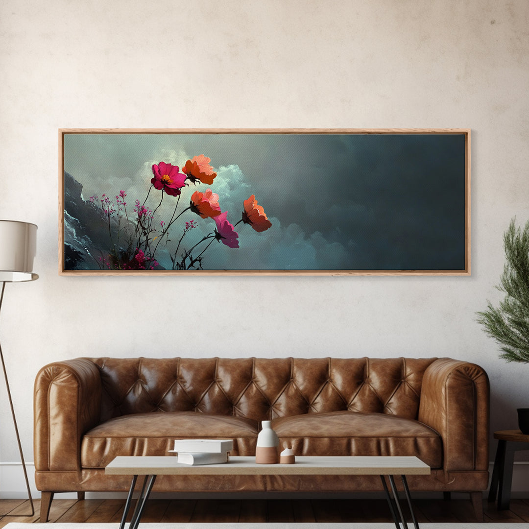 Beautiful Wild Flowers In The Clouds, Mountain Painting Canvas Print, Moody Decor, Muted and Subdued Wall Art, Centerpiece Art