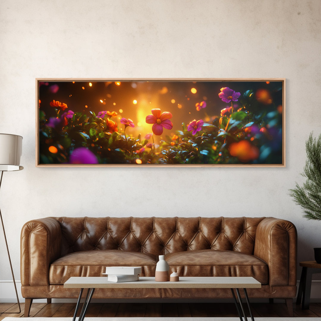 Beautiful 3D Rendered Flower Canvas Print, Wild Flowers In The Morning Dew at Sunset, Panoramic Extra Wide Wall Art