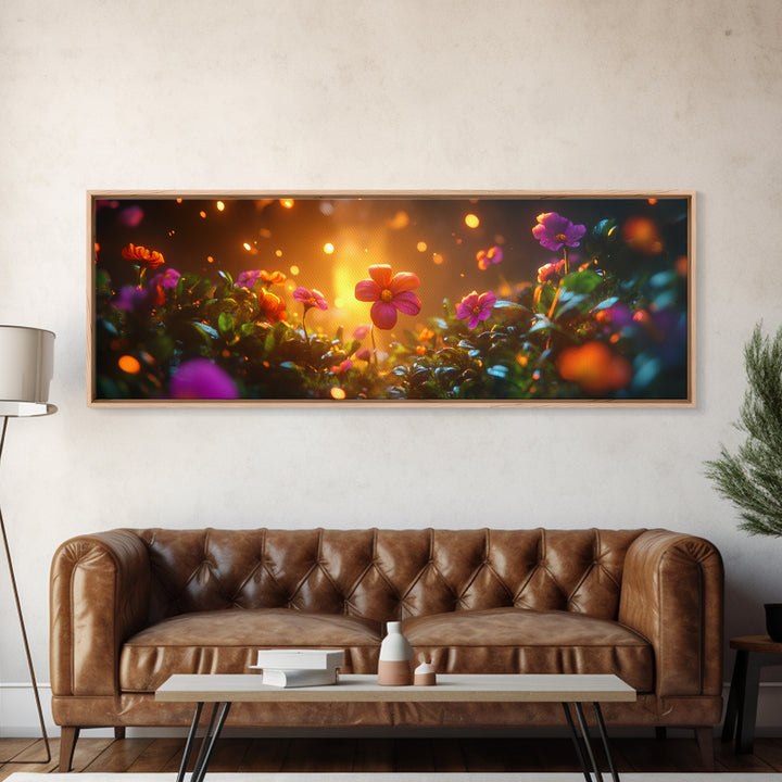Beautiful 3D Rendered Flower Canvas Print, Wild Flowers In The Morning Dew at Sunset, Panoramic Extra Wide Wall Art