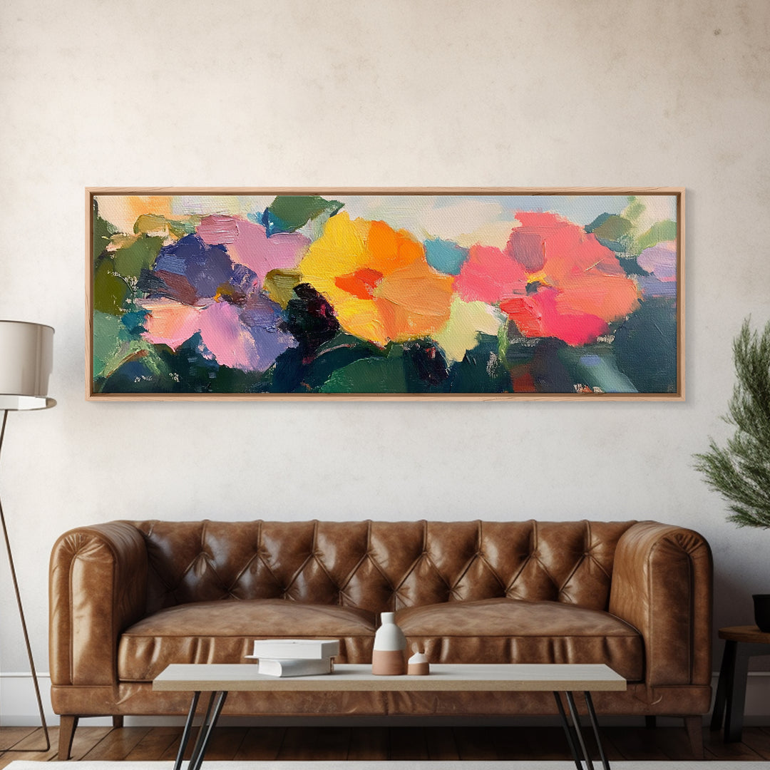 Abstract Flowers Panoramic Painting Print, Oil Painting Wood Framed Canvas Print, Boho Modern Art, Modern Farmhouse Decor