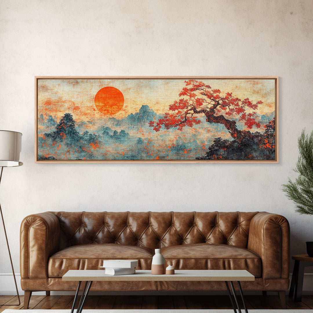 Maple Tree At Sunset With Red Leaves, Japanese Vintage Style Wall Art, Panoramic Painting Print, Woodblock Print, Boho Wall Decor