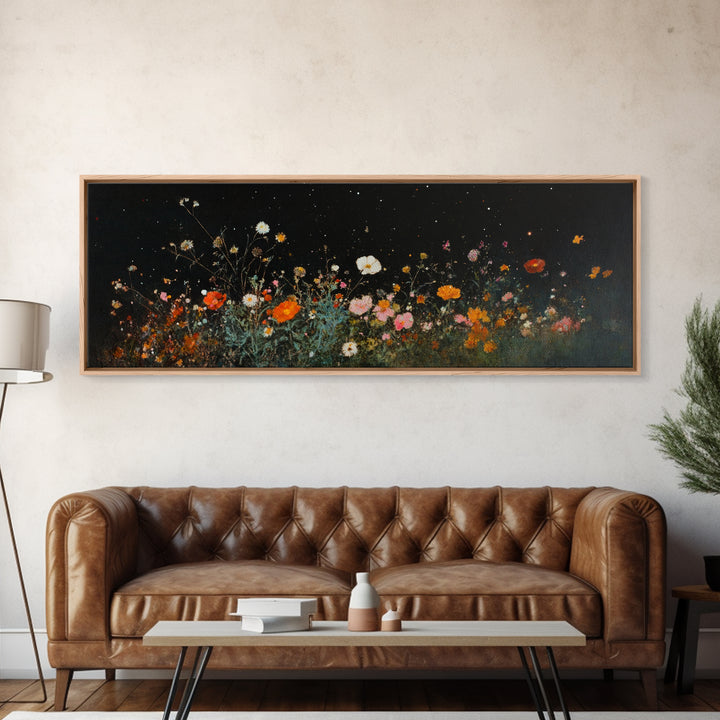 Dark & Moody Wild Flowers Under a Full Moon, Framed Canvas Print, Panoramic Extra Wide Wall Art, Oversized Home Decor