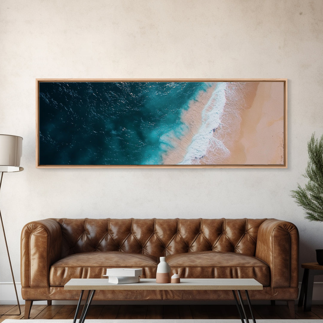 Bird's Eye View Of The Beach, Framed Canvas Print, Nautical Seascapes Decor, Panoramic Extra Wide Wall Art