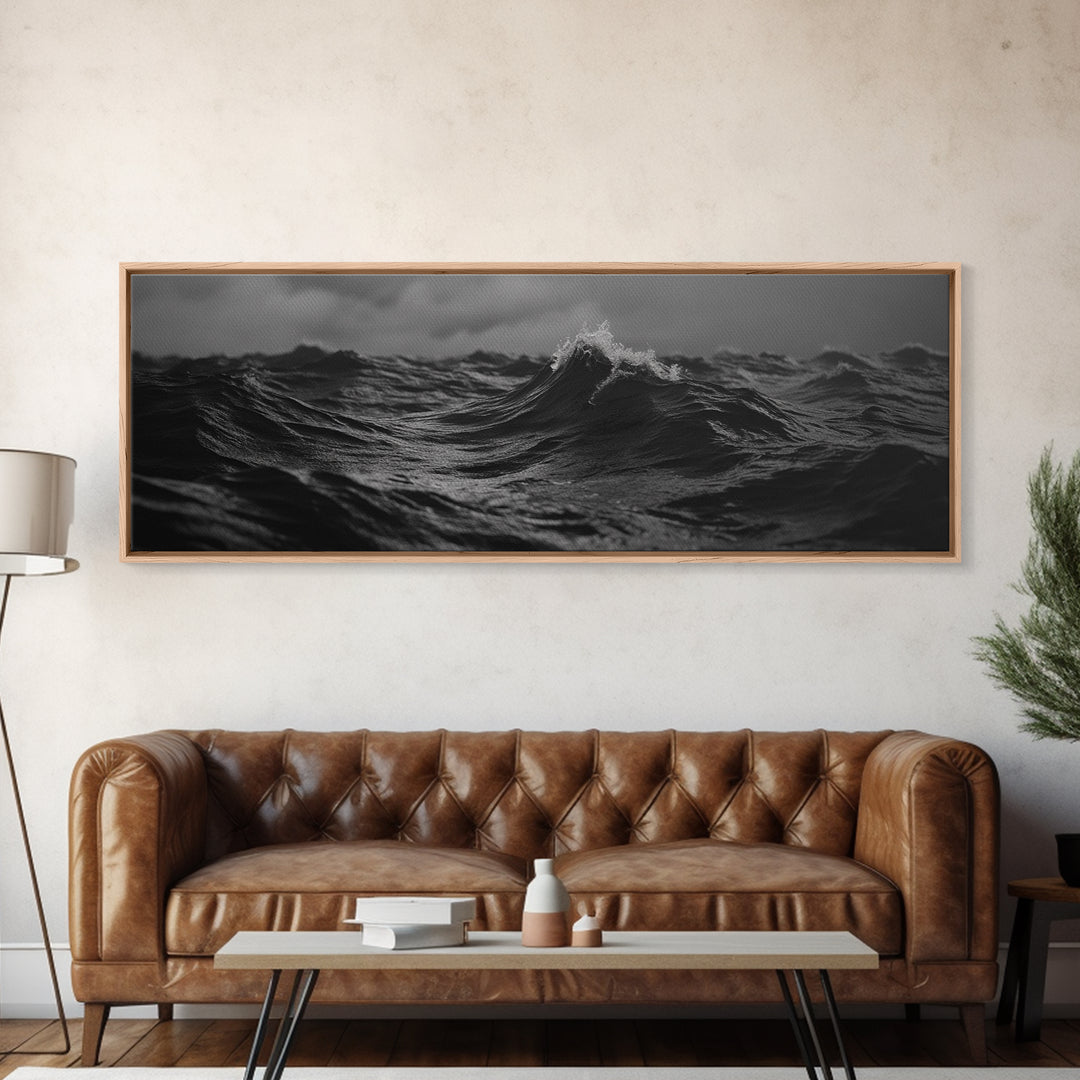 Black and White Ocean Photography Style Print, Panoramic Wall Art, Wood Framed Canvas Art, Seascapes, Nautical Decor