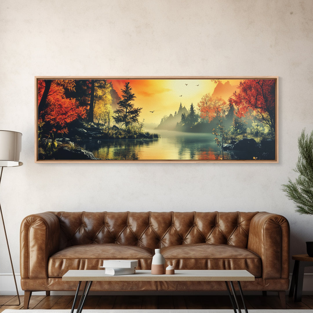 Dark and Moody Landscape, Sunset in the Valley, Framed Canvas Print, Original Artwork Gift Idea, Horizontal Print, Above Sofa, Lake House Decor, Lake Art