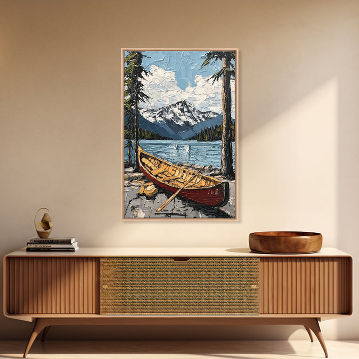 Canoe in the Mountains Framed Canvas Print, Abstract Pacific Northwest Oil Painting Print, Oregon or Washington Wall Art