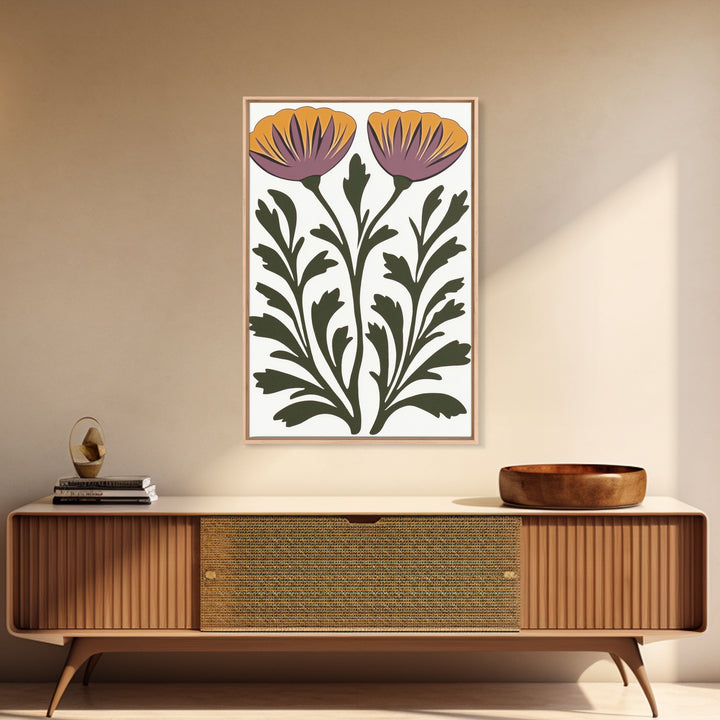 Abstract Botanical Wall Art, Framed Canvas Print, Purple Flowers on White Background