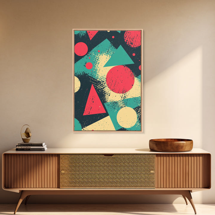 Circles And Triangles, Canvas Print, Retro Abstract Art, Midcentury Modern Style Home Decor, Turquoise Red and Black Wall Art