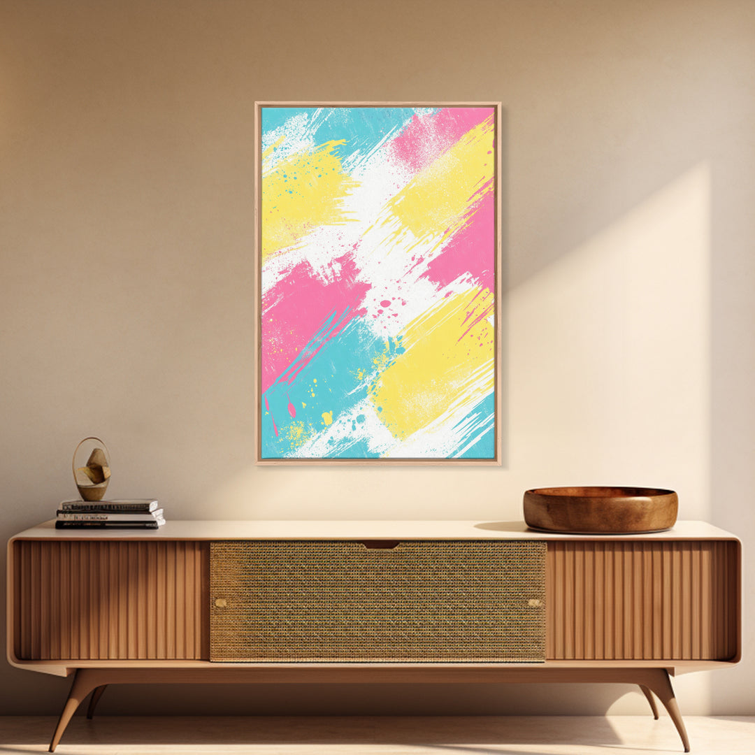 Brush Strokes On Canvas Print, Wood Framed Wall Art, Preppy Dorm Room Decor, Pink Turquoise and Yellow on White Background Wall Art