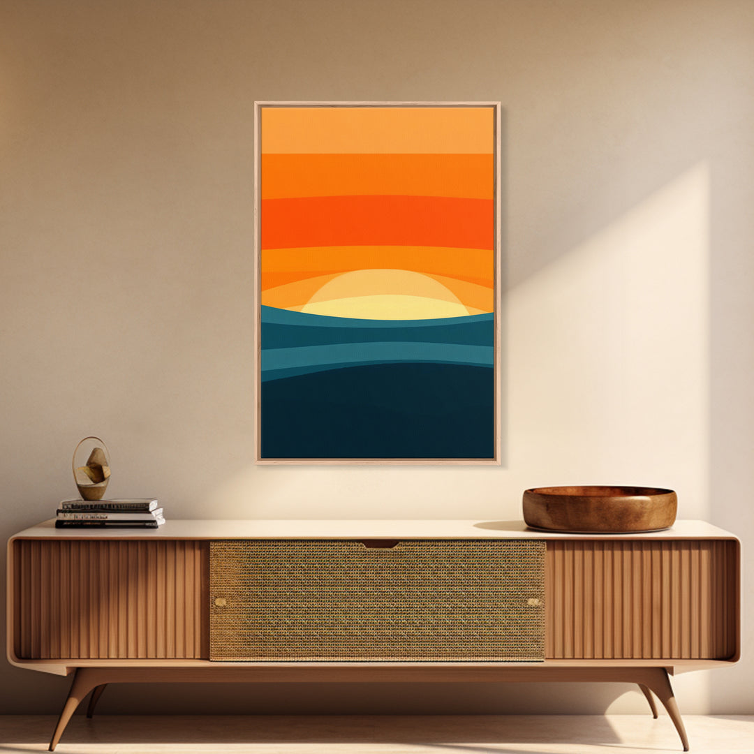 Art Deco Sunset Framed Canvas Print, MCM Style Wall Art Living Room Decor, Abstract Modern Art