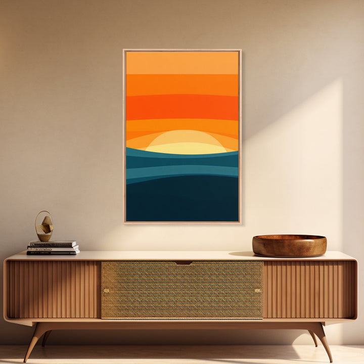 Art Deco Sunset Framed Canvas Print, MCM Style Wall Art Living Room Decor, Abstract Modern Art