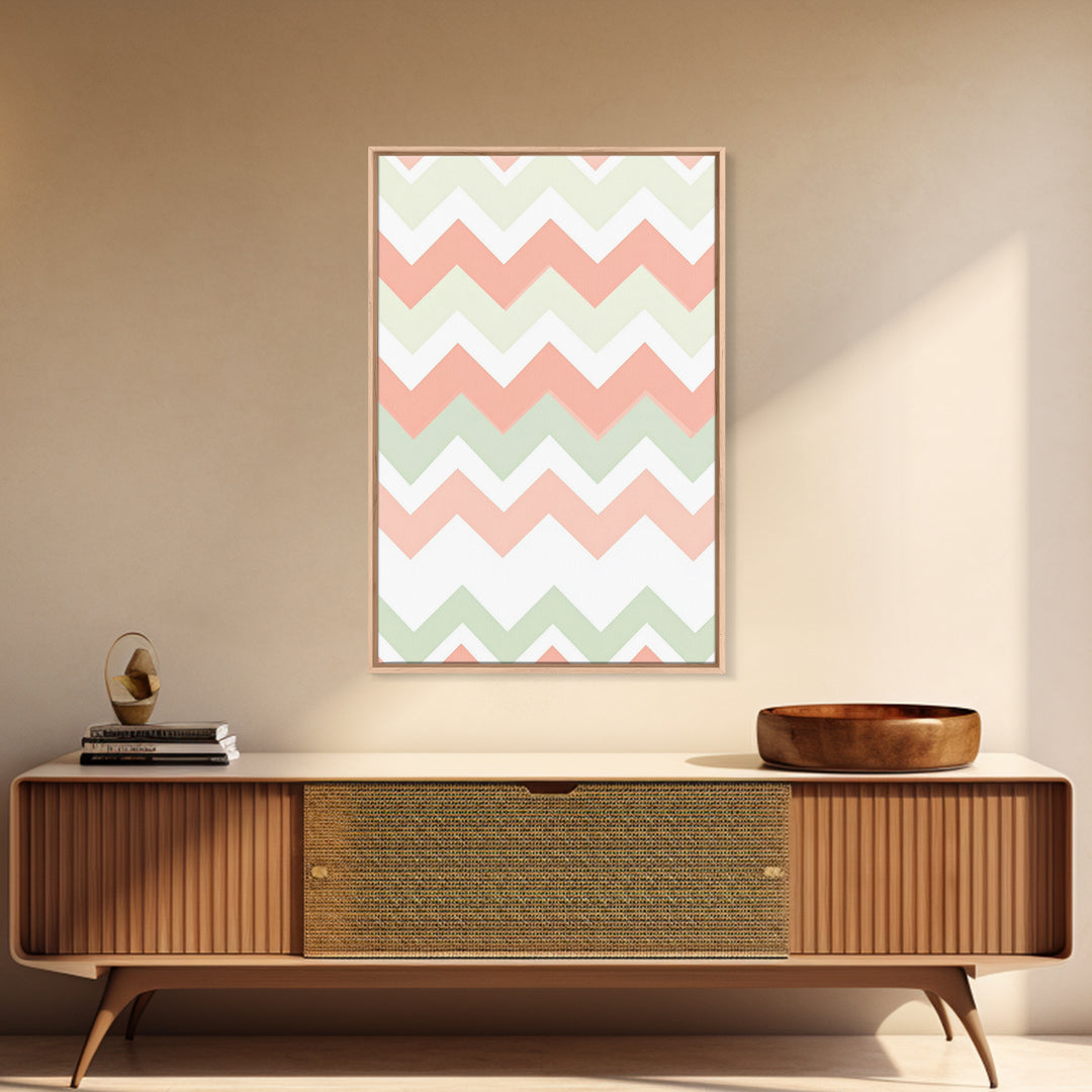 Pink and Mint Green Chevrons, MCM style Mid Century Modern Home Decor, Framed Canvas Print, Whimsical Wall Art