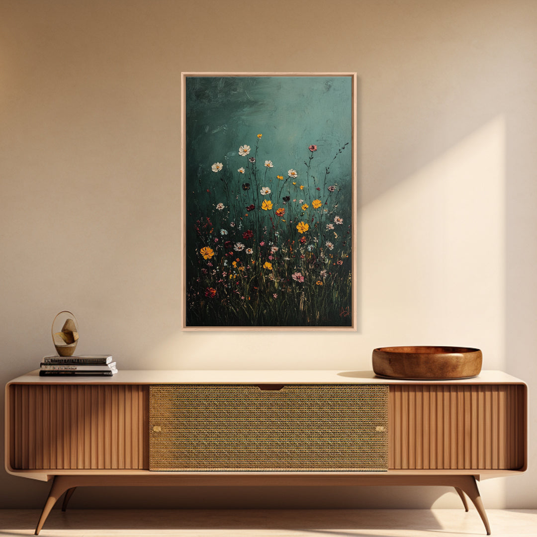 Dark & Moody Wild Flowers Print, Framed Canvas, Boho Decor, Wildflowers in a Rain Storm, Modern Farmhouse, Rustic Decor