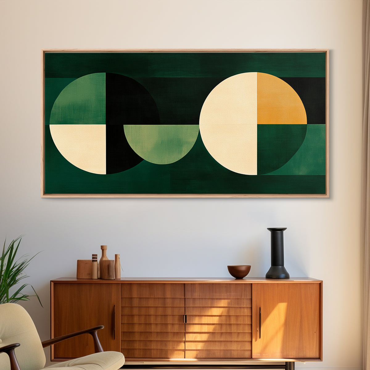 Abstract Wall Art Emerald Green Geometric Canvas Print, Large Framed Modern Art, Mid Century Abstract Home Decor, Minimalist Statement Piece