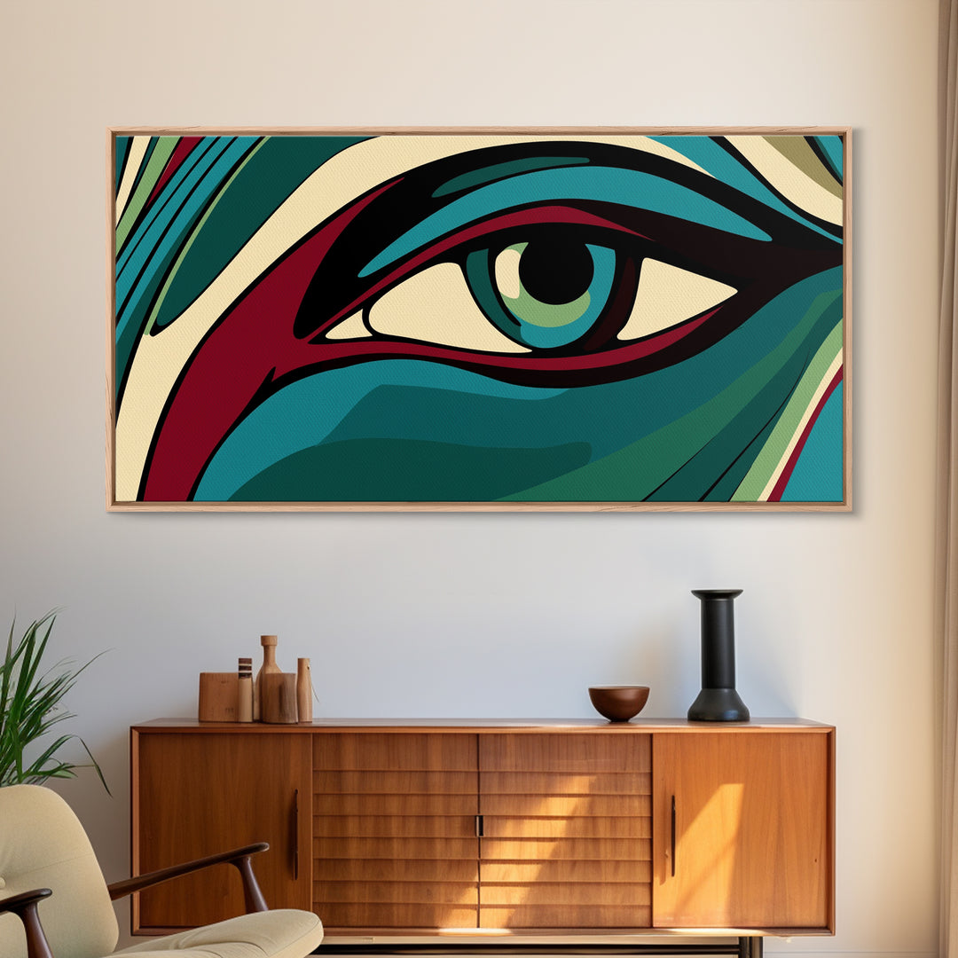 Abstract Painting of a Human Eye Framed Canvas Print, Retro Art Deco Style Art, Eclectic Decor, Kitsch Wall Art