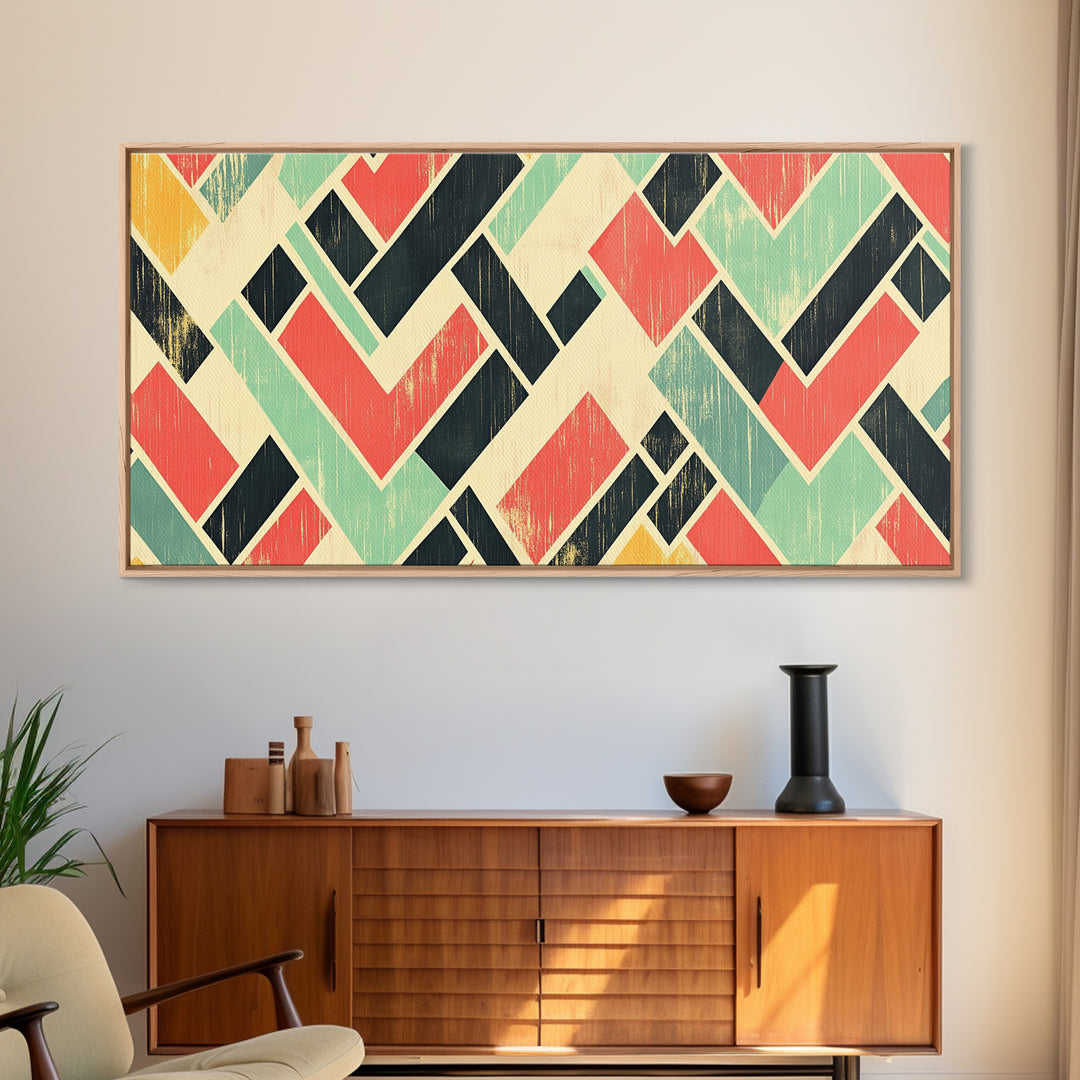 Abstract Mid Century Modern Chevrons, Framed Canvas Print, MCM Style Home Decor