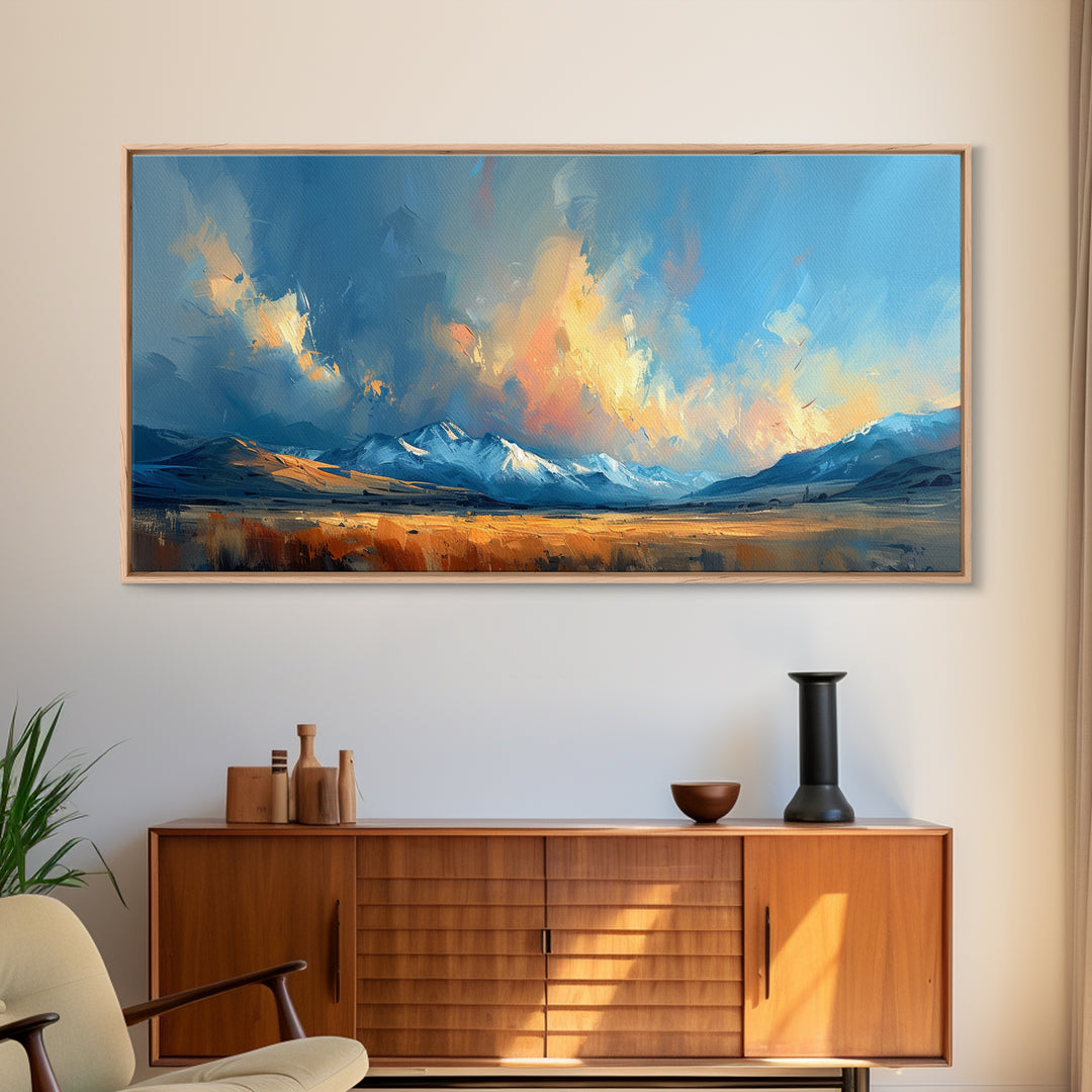 Panoramic Mountain Landscape Painting Print, Oil Painting Of Wyoming Mountains, Antique Style Art Print, Walnut Frame Art