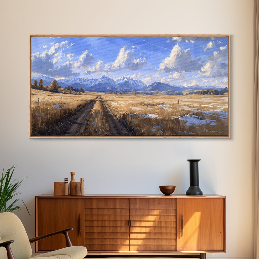Dirt Roads of Wyoming Framed Canvas Print, Oil Painting Print, Panoramic Extra Wide Large Format Living Room Wall Decor