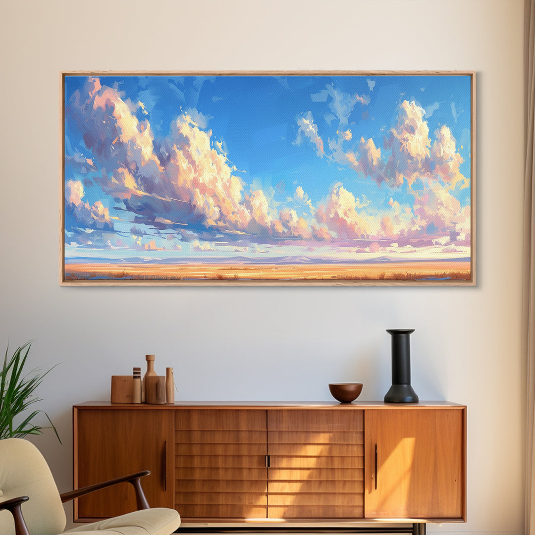 Panoramic Oil Painting Print of A Cloudy Sky Framed Canvas Print, Boho Minimalist Home Decor, Guest Room Wall Art