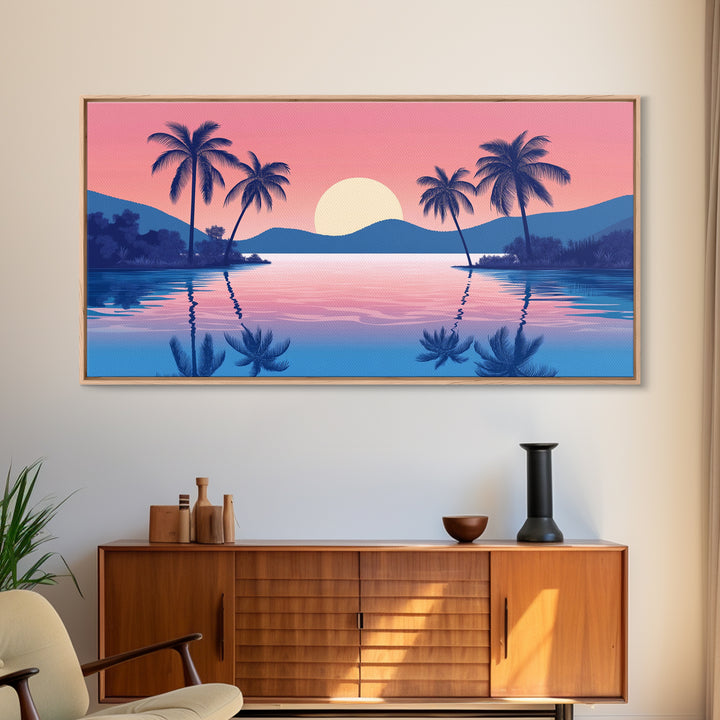 Abstract Vaporwave Sunset Over A Beach Landscape, Framed Canvas Print, Modern Art, Unique Wall Decor, Framed Canvas Art