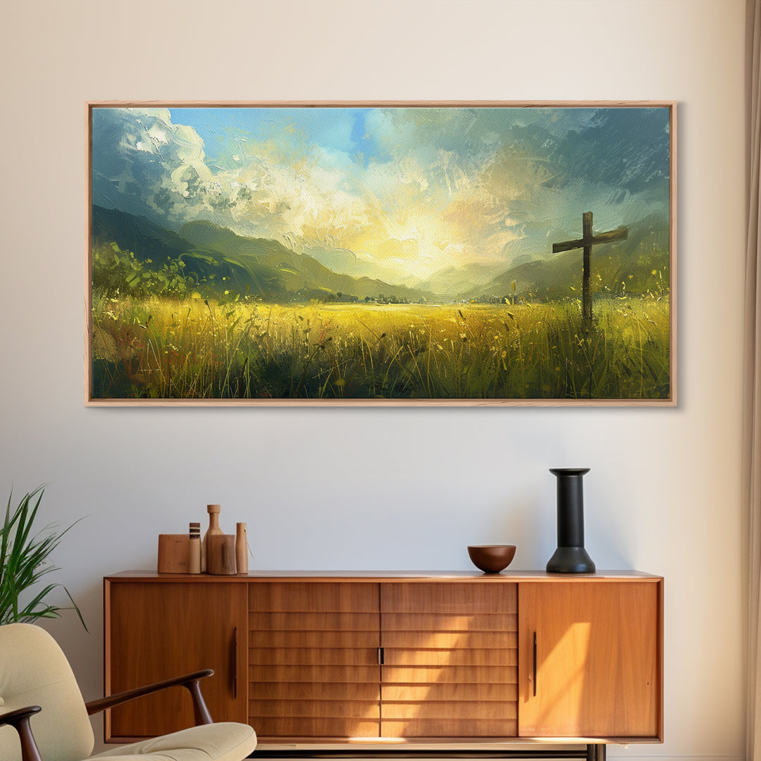 Cross In a Field Of Grass Framed Canvas Print, Christian Wall Art, Landscape Painting, Faith Decor, Cross Painting