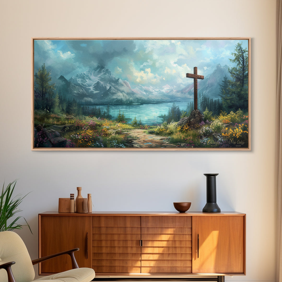 Cross In The Mountains Framed Canvas Print, Christian Faith Wall Art, Beautiful Landscape Painting