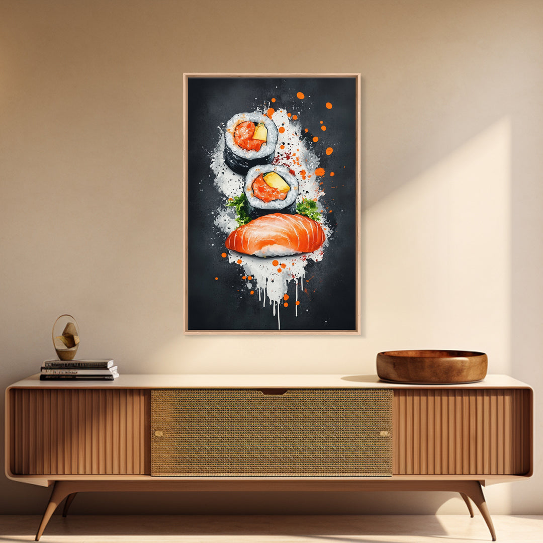 Abstract Oil Painting Canvas Print of Sushi on Black background, Food Review Kitchen Art, Kitchen Decor, Wabi Sabi Wall Art, Sushi Painting