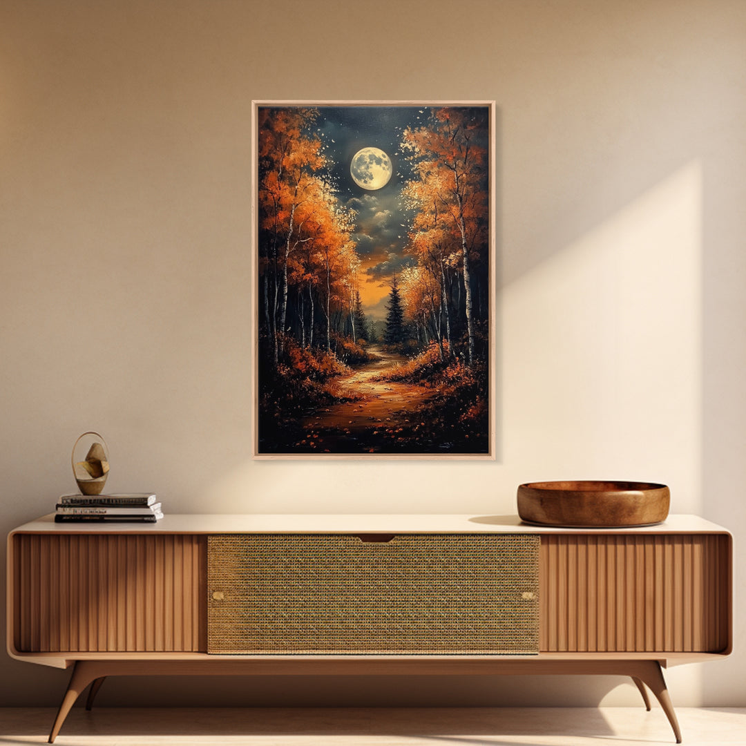 Full Moon Over a Haunted Forest, Framed Canvas Print, Wood Framed Wall Art, Dark Academia Witchy Decor