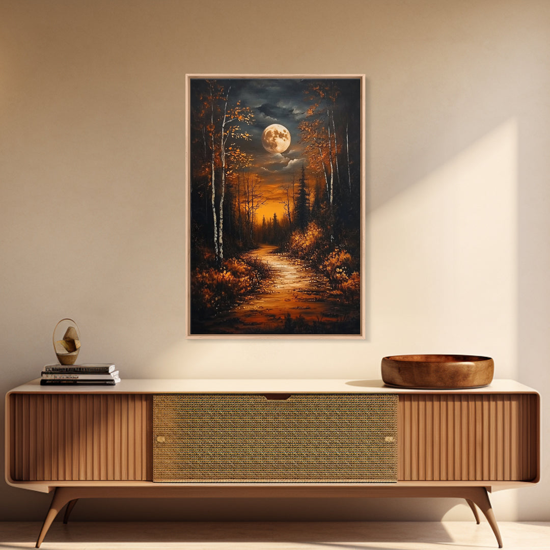 Full Moon Over The Haunted Forest, Framed Canvas Print, Wood Framed Wall Art, Dark Academia Witchy Decor, Moody Home Decor