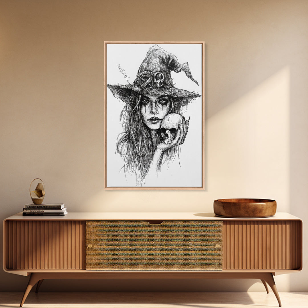 Charcoal Sketch Portrait Of a Witch Canvas Print, Dark Academia Wall Art, Moody Decor, Macabre Home Decor, Witchy Wall Art, Halloween Art
