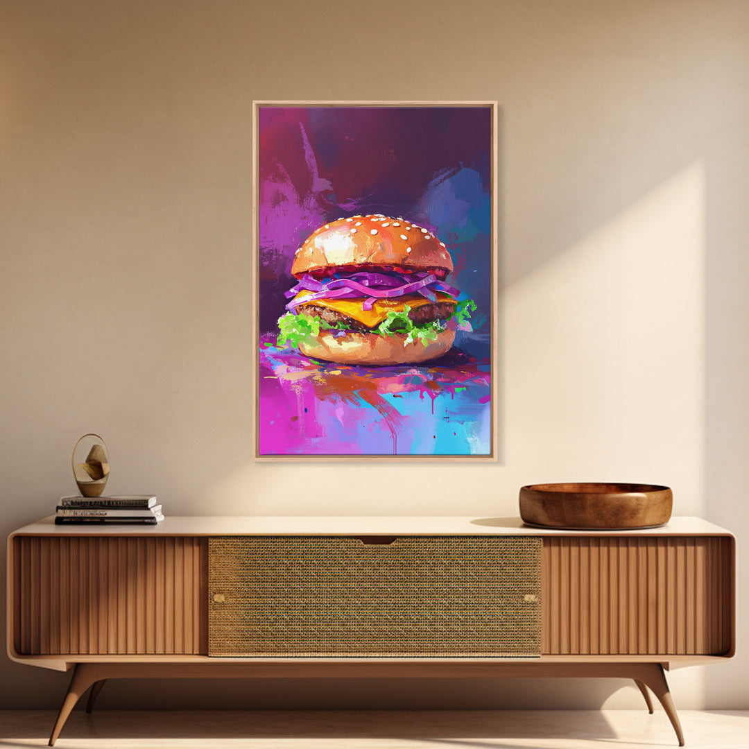 Cheeseburger Oil Painting Canvas Print, Hamburger Wall Art, Kitchen Painting, Kitchen Wall Art, Food Print, Restaurant Decor