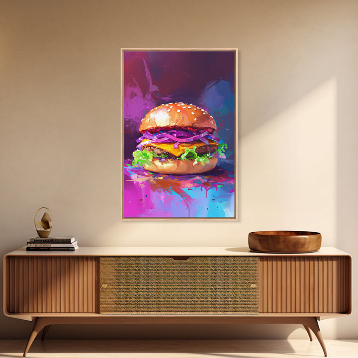 Cheeseburger Oil Painting Canvas Print, Hamburger Wall Art, Kitchen Painting, Kitchen Wall Art, Food Print, Restaurant Decor