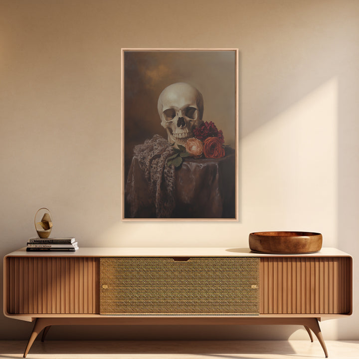 Dark Macabre Wall Art, Framed Canvas Print, Still Life Of a Skull and Roses, Dark Academia Decor, Halloween Art, Halloween Painting, Goth Art