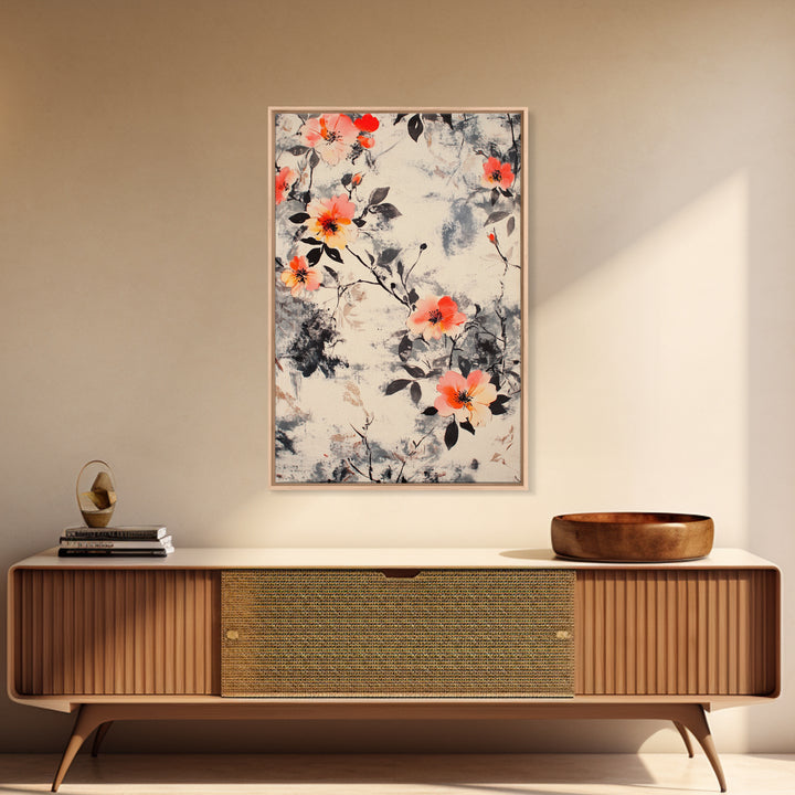 California Poppy Wall Art Framed Canvas Print, Wood Framed Art, Floral Pattern, Flower Painting Farmhouse Wall Art