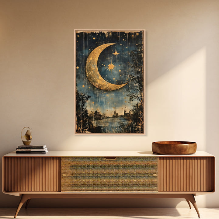 Crescent Moon in Starry Night Sky, Folk Art Framed Canvas Print, Boho Eclectic Decor, Minimalist Witchy Wall Art, Moody Decor