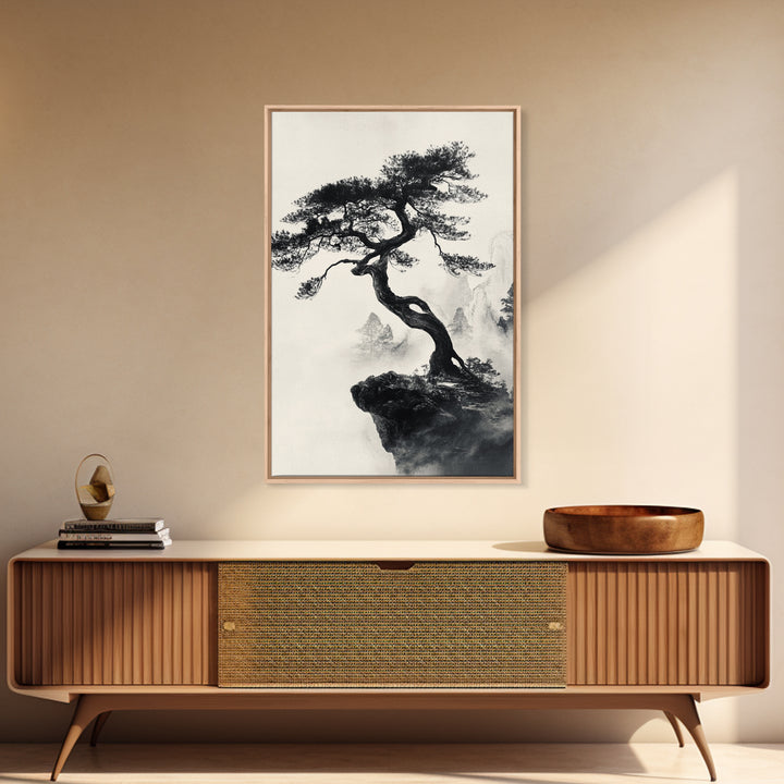 Bonzai Tree on a Cliff Wabi Sabi Painting Print, Wood Framed Wall Art, Bonzai Tree Art, Japanese Style Artwork