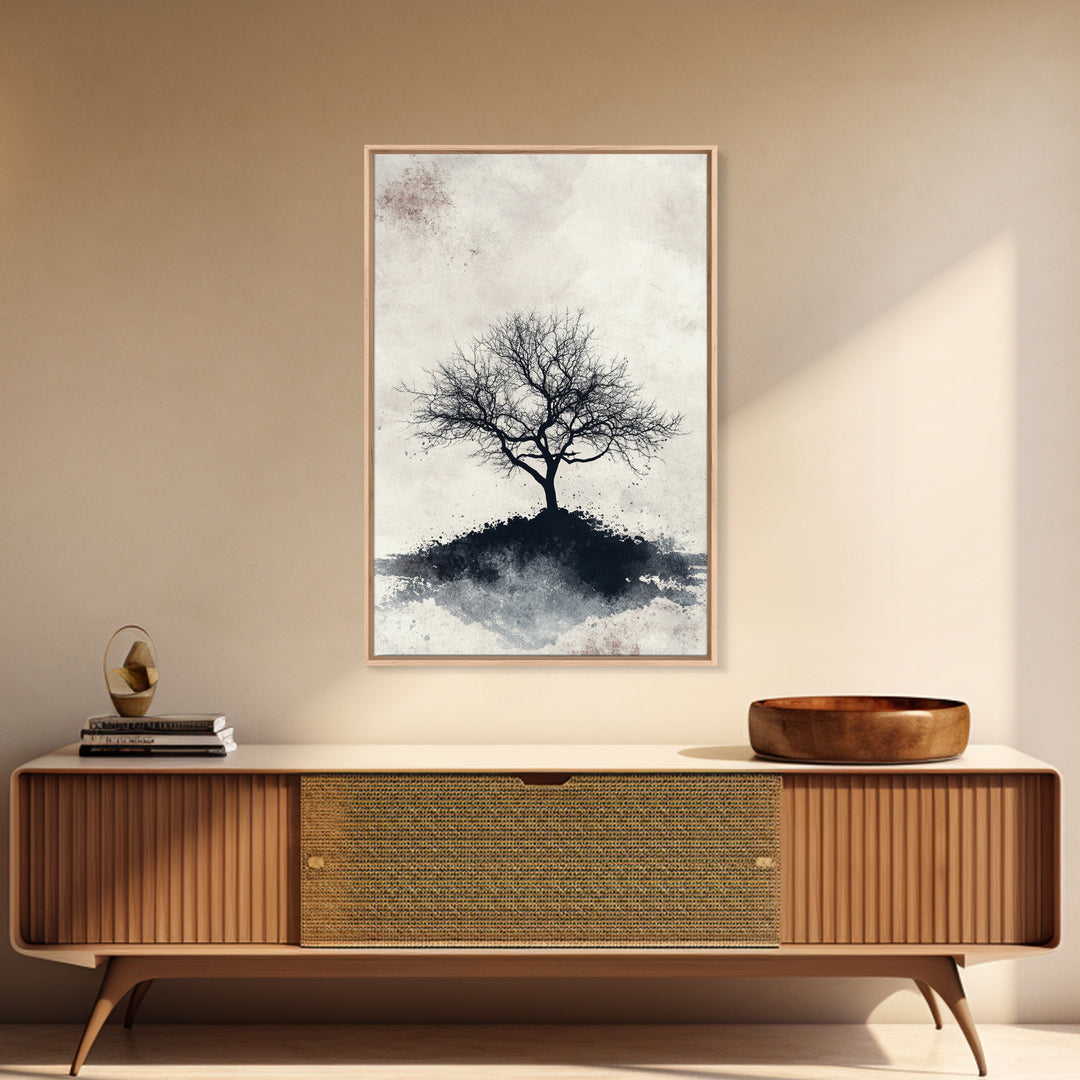 Black and White Charcoal Sketch Print of a Dead Tree, Framed Canvas Print, Wabi Sabi Art, Minimalist Wabi Sabi Home Decor