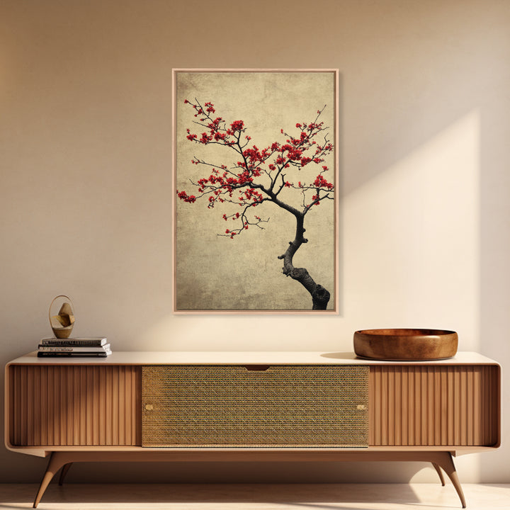 Japanese Maple Tree in Spring, Framed Canvas Print, Cherry Blossoms Painting, Wood Framed Living Room Art, Minimalist Decor