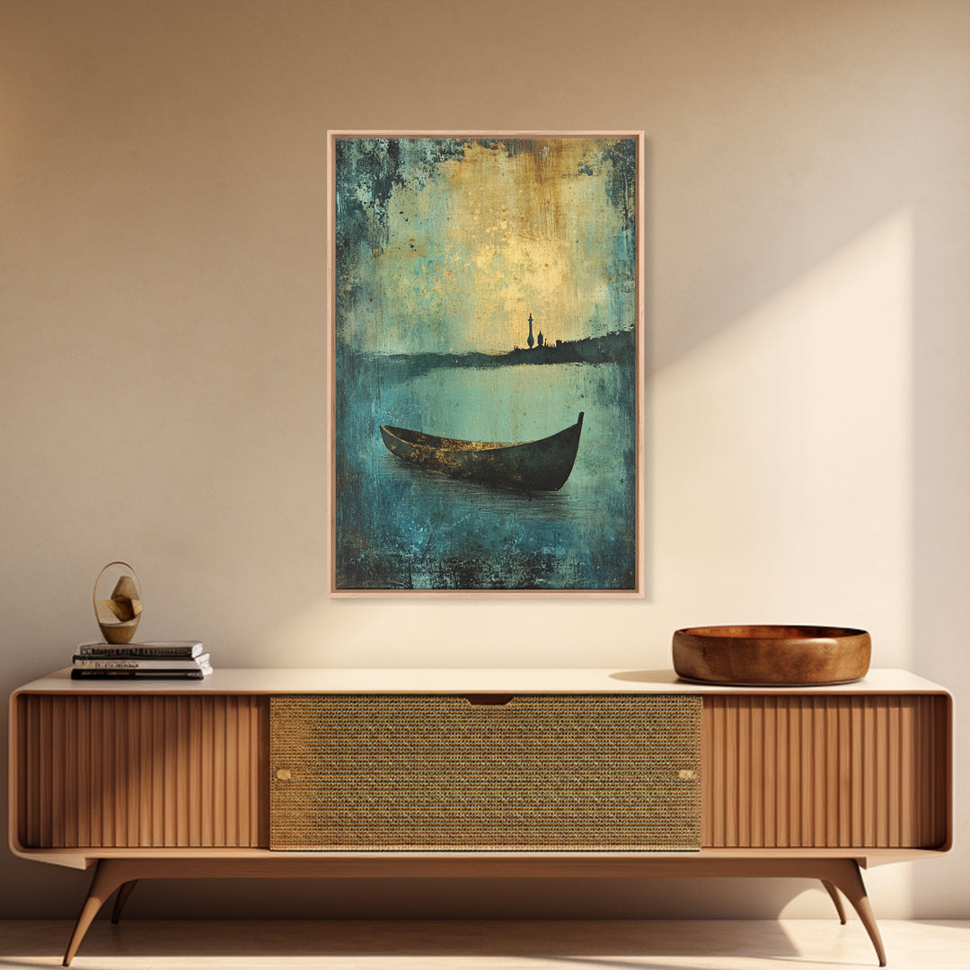 Canoe on the Lake Framed Canvas Print, Nautical Decor, Lakehouse Art, Abstract Lakehouse Painting, Lake Decor