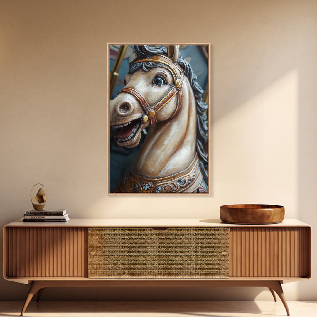 Creepy Carrousel Horse Framed Canvas Print, Nursery Decor, Wood Framed Wall Art Home Decor