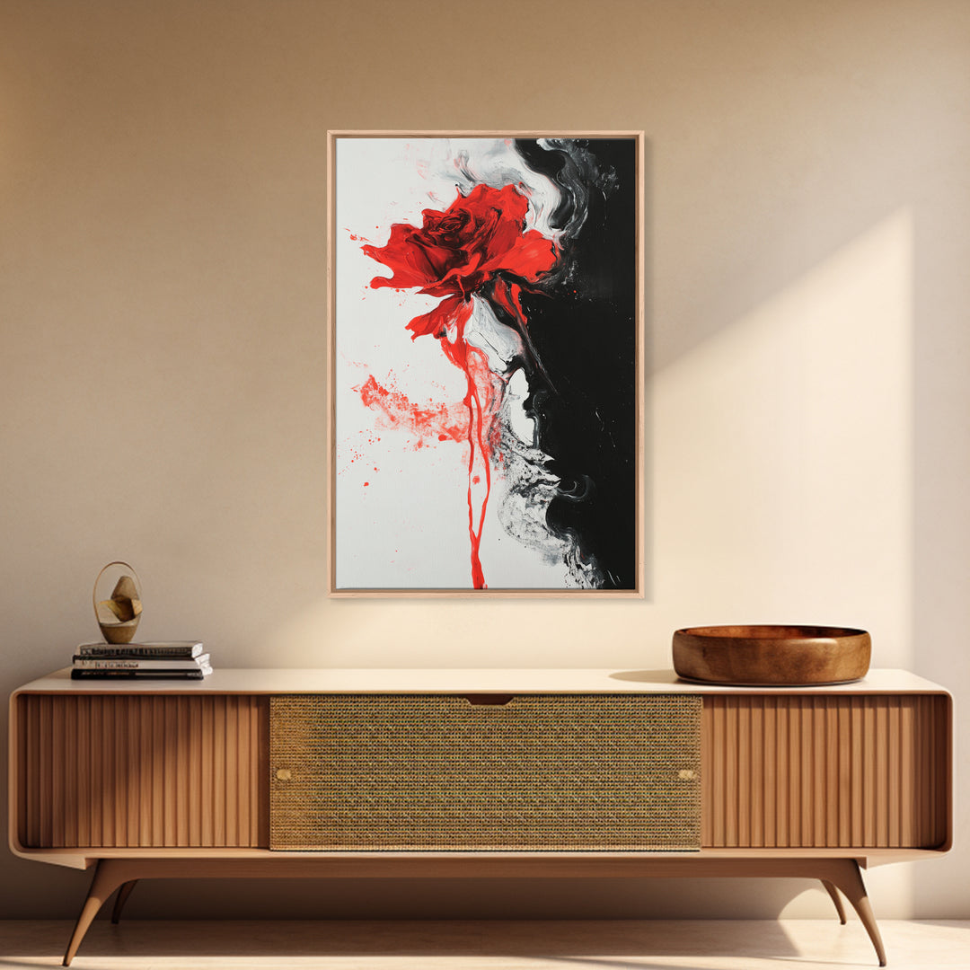 Abstract Red Rose Painting Canvas Print, Vintage Inspired Flower Print, Vintage French Country Art, Duality Art, Statement Piece, Center Piece Art