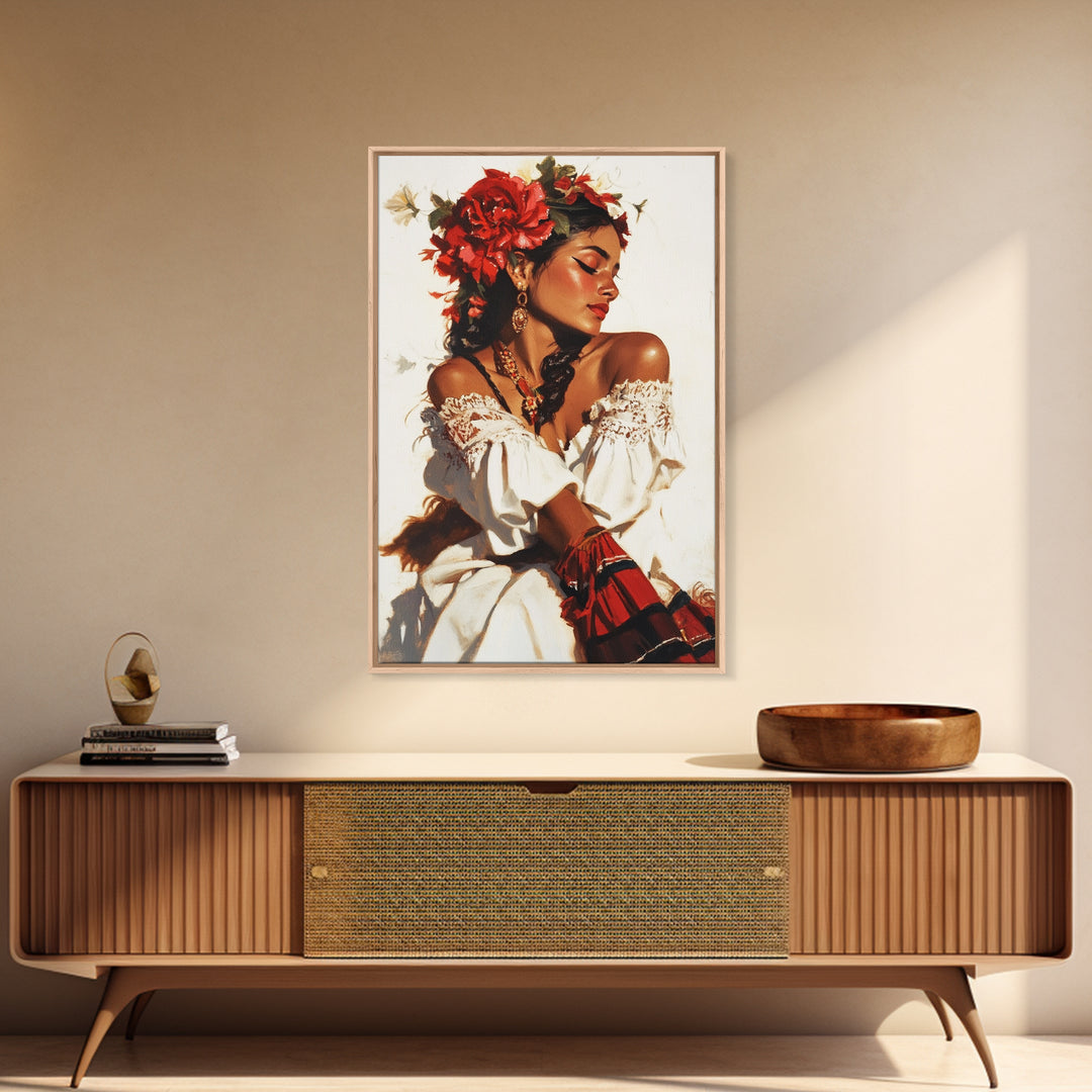 Mexican Floral Latina Portrait Canvas Print, Romatic Mariachi Wall Decor, Southwestern Modern Art, Rustic Mexicano Wall Art, Chicano Painting